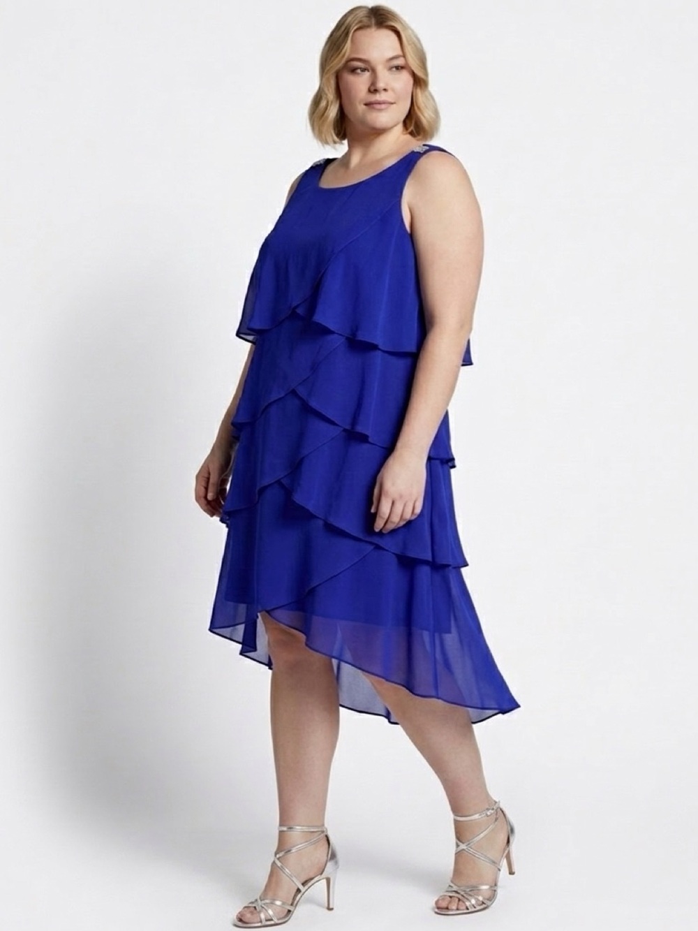 SL Fashions Sleeveless Chiffon Tiered A-Line Dress Royal Blue SIZE 24W